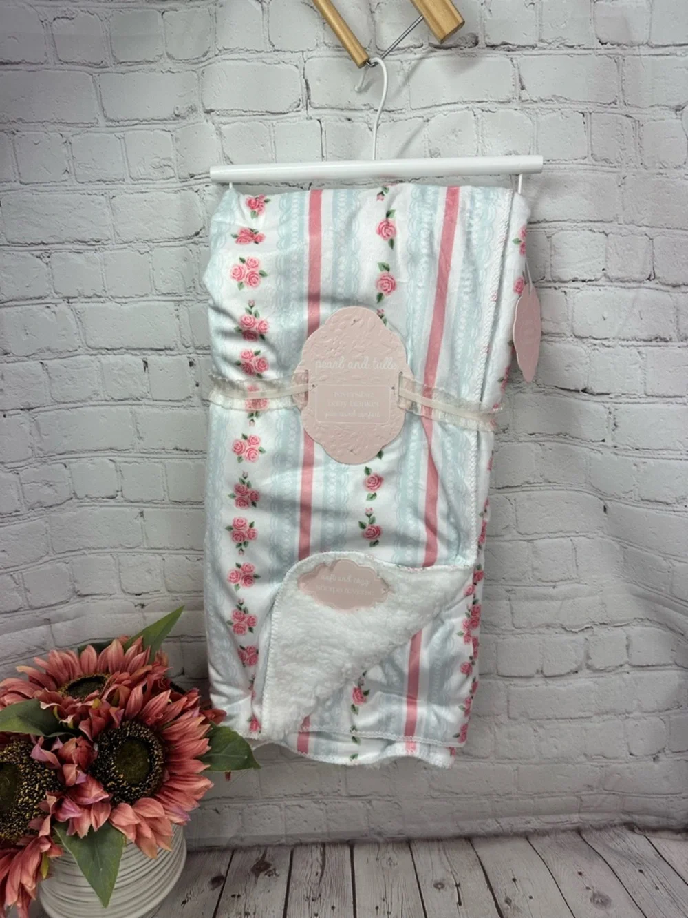NWT pearl and tulle reversible Floral Stripe baby Blanket cottage boho feminine